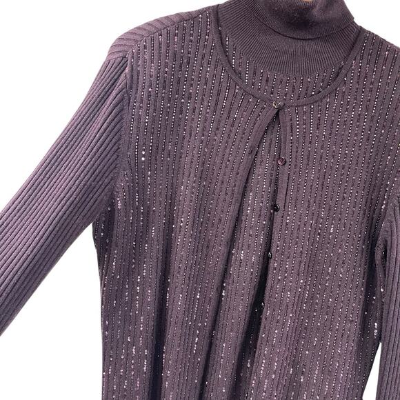 Carlisle Sweater Set Purple Silk Sequin Beaded Medium Designer Turtleneck - Picture 3 of 7